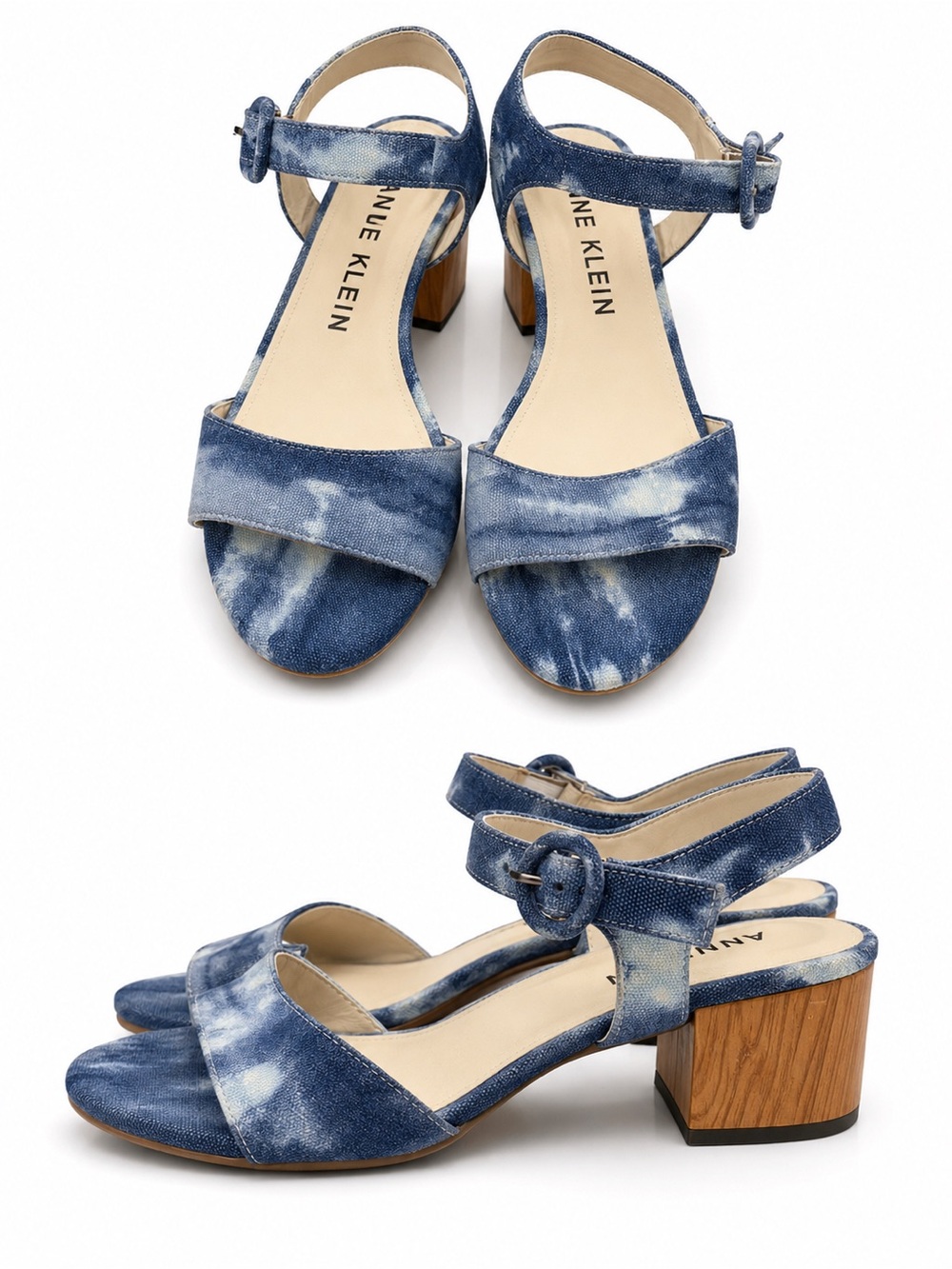 Anne Klein Blue Tie-Dye Denim Block Heel Sandals with Wood-Look Heel